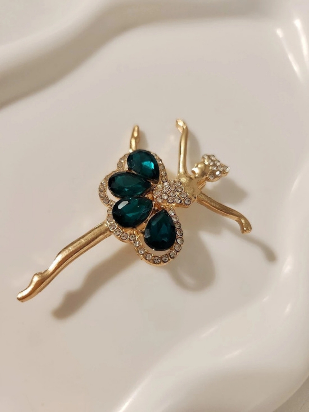 Gold & Green Jeweled Ballerina Brooch New Without Tags
